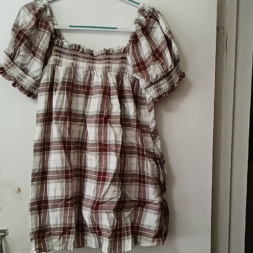 WOMEN'S American Eagle Plaid Puff Sleeve Peasant Dress in Brown and White
